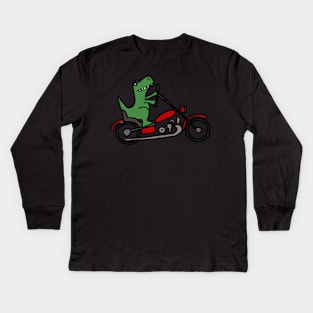 Funny Green T-Rex Dinosaur Riding Red Motorcycle Art Kids Long Sleeve T-Shirt